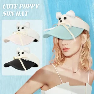 1pc Cute Puppy Pattern Visor Cap for Women, Summer Outdoor Cycling Sun Hat with Open Top, Breathable PVC Design with Colorblock Bow Decoration, Comfortable Lightweight Sun Protection for Valentine's Day, Anime Themed Hand Washable Solid Color Hat with Adjustable Strap Closure