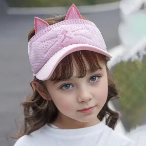 Pink Knitted Embroidered Breathable Cat Face Elastic Sun Visor Cap, Open Top UV Protection Sun Hat, For All Seasons Outings