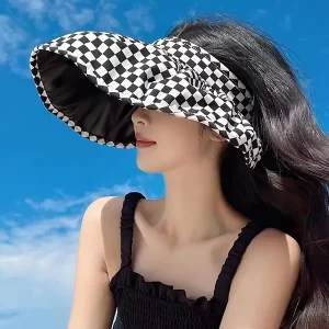 Classic Checkerboard Sun Visors Wide Brim Empty Top Hats Summer Foldable Lightweight Sunshade Cap