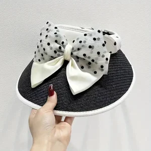 Elegant Polka Dot Bow-Knot Visor Hat for Women - Summer Wide Brim Sun Protection Cap with Adjustable Elasticity, Breathable Polyester Outdoor Vacation Beach Hat with Printing, Weave & Hook Up Craftsmanship